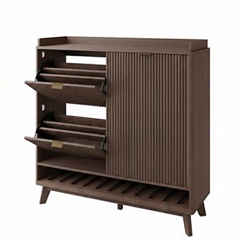 Fluted Shoe Cabinet with Sliding Door and Drawers Slim Entryway Shoe Storage Organizer