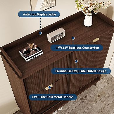 Fluted Shoe Cabinet with Sliding Door and Drawers Slim Entryway Shoe Storage Organizer
