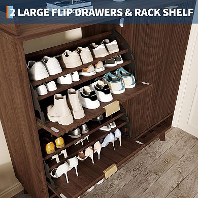 Fluted Shoe Cabinet with Sliding Door and Drawers Slim Entryway Shoe Storage Organizer