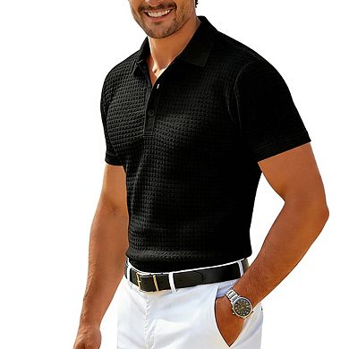 Men's Textured Knit Short Sleeve Polo Collared Neckline Button Closure Casual Top Shirts