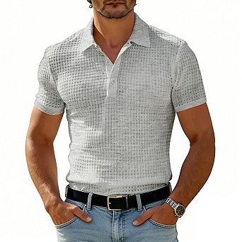 Men's Textured Knit Short Sleeve Polo Collared Neckline Button Closure Casual Top Shirts