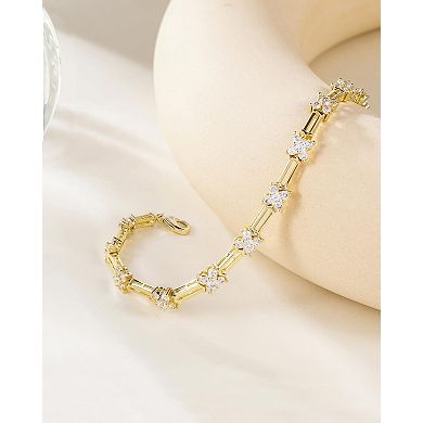 Dainty CZ Flower Bracelet, Gold-Plated, Adjustable 6.5-7.5"