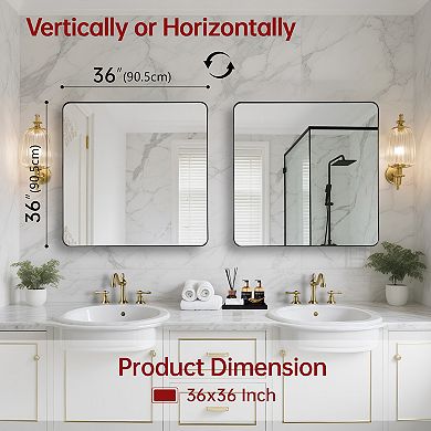 SUMERAIN 36"x36" Rounded Mirror, Matte Black Metal Frame, 4mm Shatterproof Tempered Glass Square