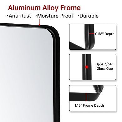 SUMERAIN 36"x36" Rounded Mirror, Matte Black Metal Frame, 4mm Shatterproof Tempered Glass Square