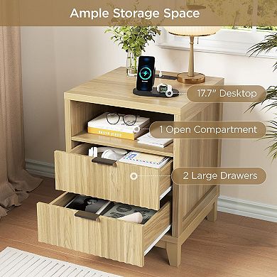 Fluted Nightstand with Charging Station, 17.7" Bedside Table with 2 Drawers & Open Shelf for Bedroom