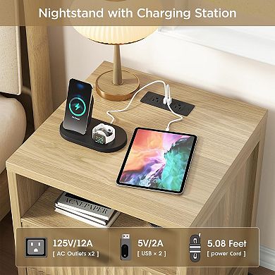 Fluted Nightstand with Charging Station, 17.7" Bedside Table with 2 Drawers & Open Shelf for Bedroom