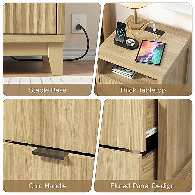Fluted Nightstand with Charging Station, 17.7" Bedside Table with 2 Drawers & Open Shelf for Bedroom