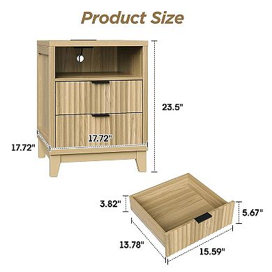 Fluted Nightstand with Charging Station, 17.7" Bedside Table with 2 Drawers & Open Shelf for Bedroom