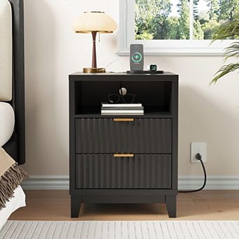 Fluted Nightstand with Charging Station, 17.7" Bedside Table with 2 Drawers & Open Shelf for Bedroom