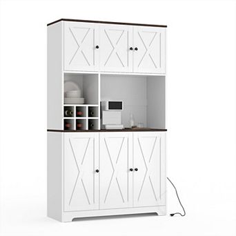 71" Kitchen Pantry Cabinet with Charging Station, Cupboard Kitchen Hutch with Microwave Stand