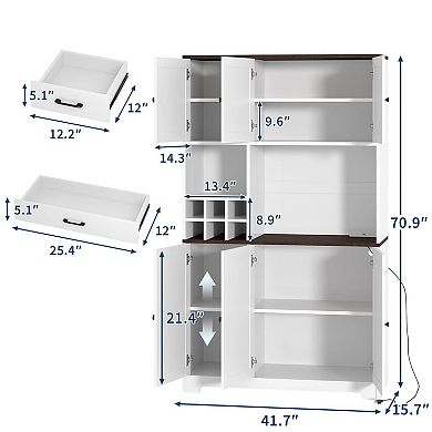 71" Kitchen Pantry Cabinet with Charging Station, Cupboard Kitchen Hutch with Microwave Stand