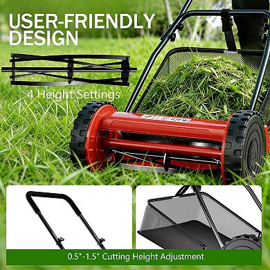 Cordless Walk-Behind Reel Lawn Mower,Manual Push Grass Mower with Steel Frame, Adjustable Height