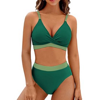 Women's Block Two Piece Bikini Set Wrap Front High Waisted Bottom Swimwear