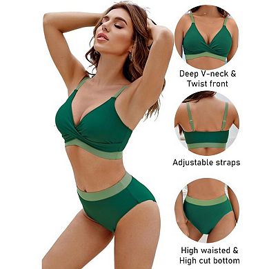 Women's Block Two Piece Bikini Set Wrap Front High Waisted Bottom Swimwear