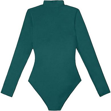 Women's Teal Long Sleeve One Piece Swimsuit Front Zipper High Cut Athletic Rash Guard