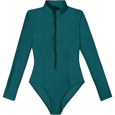 Women's Teal Long Sleeve One Piece Swimsuit Front Zipper High Cut Athletic Rash Guard