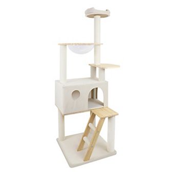 Whisen Cat Tree with Large Condo, Wooden Ladder, Transparent Spacecraft, 8 Scratching Posts