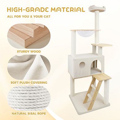 Whisen Cat Tree with Large Condo, Wooden Ladder, Transparent Spacecraft, 8 Scratching Posts