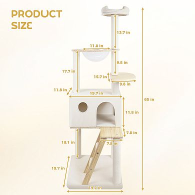 Whisen Cat Tree with Large Condo, Wooden Ladder, Transparent Spacecraft, 8 Scratching Posts