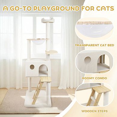 Whisen Cat Tree with Large Condo, Wooden Ladder, Transparent Spacecraft, 8 Scratching Posts