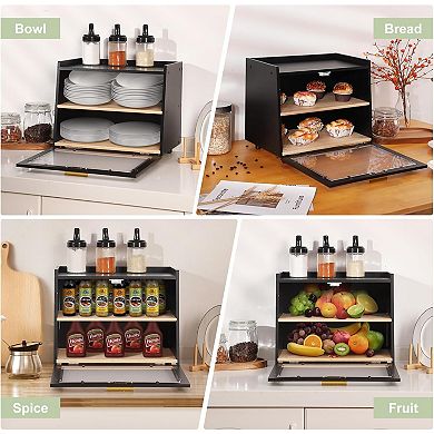 Double Layer Bread Box with Clear Acrylic Door, Large Bread Storage Container, Bread Box