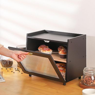 Double Layer Bread Box with Clear Acrylic Door, Large Bread Storage Container, Bread Box