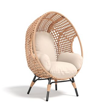 Whisen PE Wicker Weaving Patio Egg Chair with Natural Color Rattan and Beige Cushion