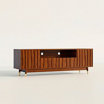 66'' Walnut Finish TV Stand, Mid Century Wood Entertainment Center with Drawers, Brown