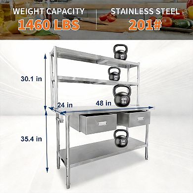 Table with Shelves, Prep Table for Commercial Kitchen, Heavy-Duty Work Tables Workbench for Home