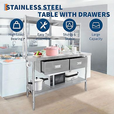 Table with Shelves, Prep Table for Commercial Kitchen, Heavy-Duty Work Tables Workbench for Home