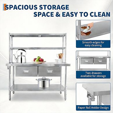 Table with Shelves, Prep Table for Commercial Kitchen, Heavy-Duty Work Tables Workbench for Home