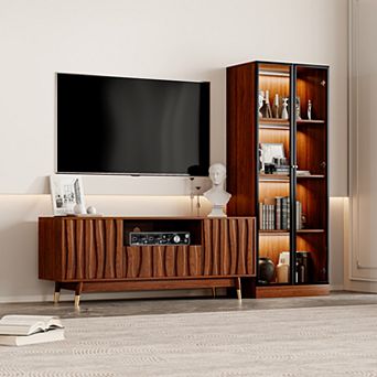 Walnut Finish Entertainment Center for TVs up to 55", Mid-century TV Stand and 4 tier Display Shelf