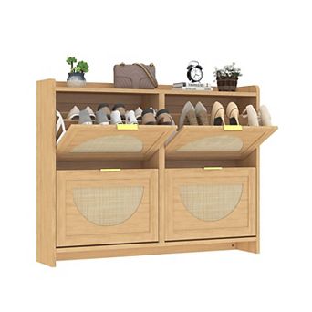 Rattan Shoe Storage Cabinet with 2 Flip Drawers Slim Wooden Shoe Organizer for Entryway