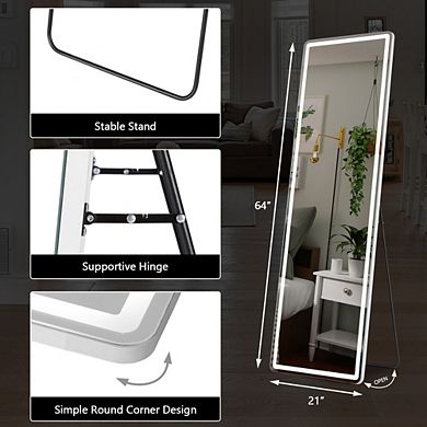 3 Color LED Full Length Mirror 64"x21" Lighted Floor Standing Mirror with Stand