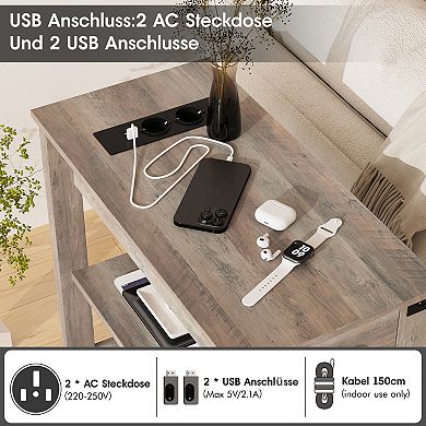 Farmhouse Side Table Set of 2 with Charging Station, Narrow End Table with Drawer & Open Shelf