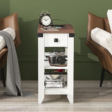 Farmhouse Side Table Set of 2 with Charging Station, Narrow End Table with Drawer & Open Shelf