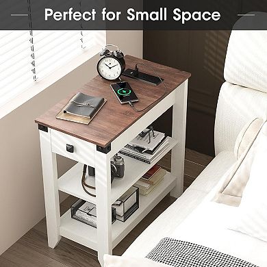 Farmhouse Side Table Set of 2 with Charging Station, Narrow End Table with Drawer & Open Shelf