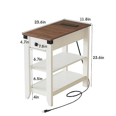 Farmhouse Side Table Set of 2 with Charging Station, Narrow End Table with Drawer & Open Shelf