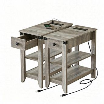 Vabches Farmhouse Side Table Set of 2 with Charging Station, Storage Drawer, Shelf, Narrow End Table