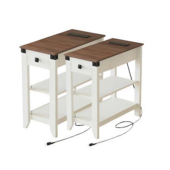 Vabches Farmhouse Side Table Set of 2 with Charging Station, Storage Drawer, Shelf, Narrow End Table