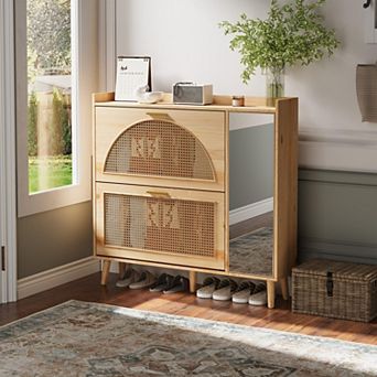 Rattan Shoe Cabinet with 2 Flip Drawers & Mirror,Freestanding Shoe Rack with Adjustable Shelves