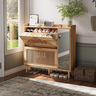 Rattan Shoe Cabinet with 2 Flip Drawers & Mirror,Freestanding Shoe Rack with Adjustable Shelves
