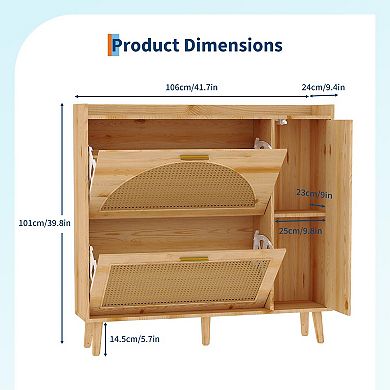 Rattan Shoe Cabinet with 2 Flip Drawers & Mirror,Freestanding Shoe Rack with Adjustable Shelves