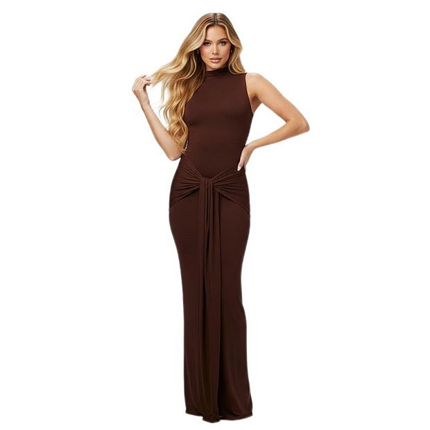 Women's Sleeveless High Neck Ruched Tie Waist Maxi Dress Y2K Bodycon Formal  Party Dress