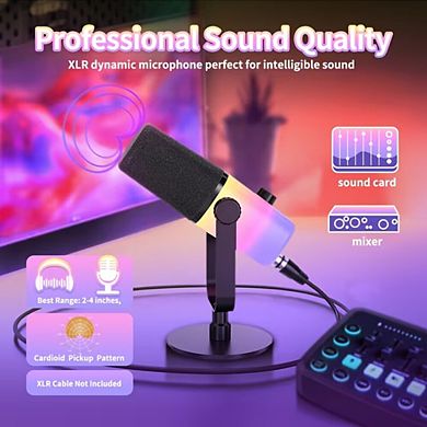 XLR/USB RGB Podcast Mic, One-Touch Mute, 3.5mm Monitor for PC/Phone/PS4/PS5