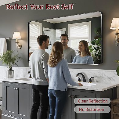 SUMERAIN 48"x32" Rounded Corner Mirror, Matte Black Metal Frame, 4mm Shatterproof Tempered Glass