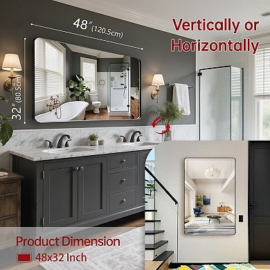 SUMERAIN 48"x32" Rounded Corner Mirror, Matte Black Metal Frame, 4mm Shatterproof Tempered Glass