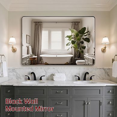 SUMERAIN 48"x32" Rounded Corner Mirror, Matte Black Metal Frame, 4mm Shatterproof Tempered Glass