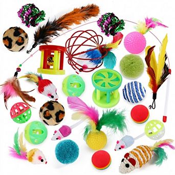 26 Pack Cat Toy Variety Set with Feather Teasers Plush Mice Balls and Bell Toys for Cats