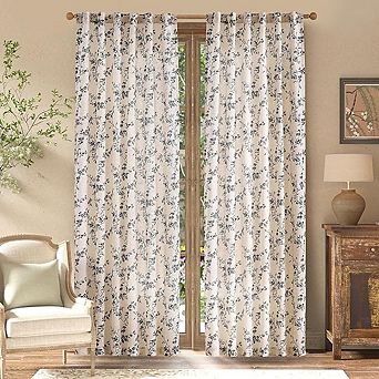 84" Black Printed Curtains, 2 Panels Back-Tab, French Country Farmhouse Floral Drapes for Living R